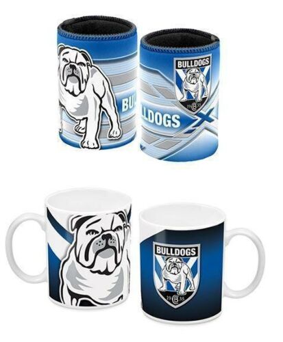Set Of 2 Canterbury Bulldogs NRL Long Stripe Can Cooler & Ceramic Coffee Mug Tea Cup