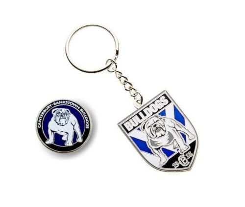Set of 2 Canterbury Bulldogs NRL Team Heritage Logo Collectable Lapel Hat Tie Pin Badge & Mascot Metal Key Ring Keyring