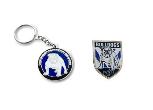 Set of 2 Canterbury Bulldogs NRL Team Heritage Logo Key Ring Keyring Chain + Team Logo Pin Badge