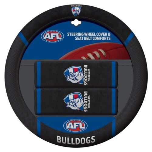 Western Bulldogs AFL Team Logo 39cm Diameter Flexible Steering Wheel & 2 Seat Belt Covers