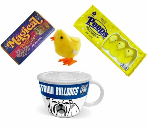 NRL EASTER PACK – Canterbury Bulldogs NRL Soup Mug + Peeps Marshmallow Chicks 42g Packet + Magical Bar 50g Milk Chocolate + Wind Up Hopping Chick