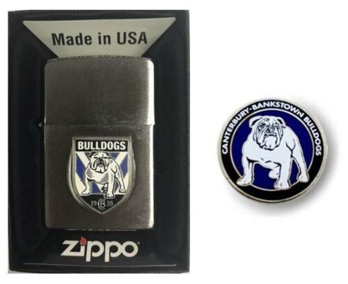 Set Of 2 Canterbury Bulldogs NRL Team Logo Refillable Zippo + Heritage Logo Pin