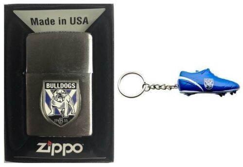 Set Of 2 Canterbury Bulldogs NRL Team Logo Refillable Zippo + Resin Boot Key Ring