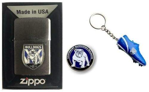 Set Of 3 Canterbury Bulldogs NRL Team Logo Refillable Zippo + Heritage Logo Pin + Resin Boot Key Ring