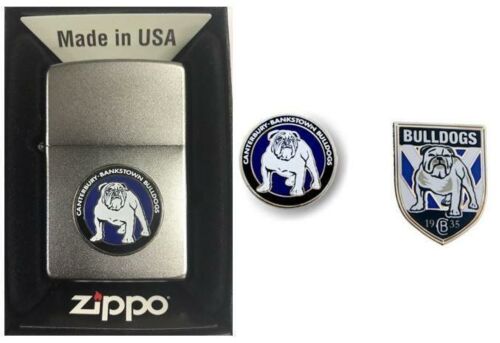 Set Of 3 Canterbury Bulldogs NRL Heritage Logo Refillable Zippo + Heritage Logo Pin + Team Logo Pin