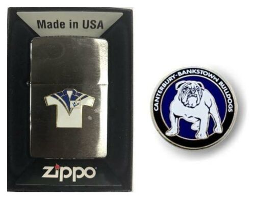 Set Of 2 Canterbury Bulldogs NRL Team Jersey Refillable Zippo + Heritage Logo Pin