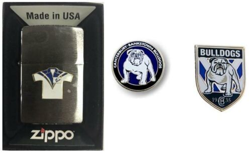 Set Of 3 Canterbury Bulldogs NRL Team Jersey Refillable Zippo + Heritage Logo Pin + Team Logo Pin
