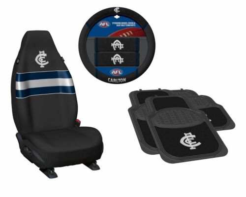 Set Of 3 Carlton Blues AFL Team Car Seat Covers + Steering Wheel Cover + 4 Floor Mats