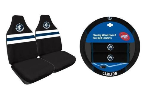 Set Of 2 Carlton Blues AFL Car Seat Covers & Steering Wheel 