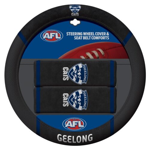 Geelong Cats AFL Team Logo 39cm Diameter Flexible Steering Wheel & 2 Seat Belt Covers