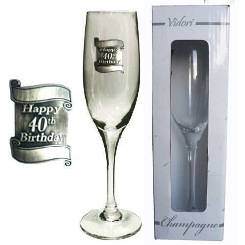 40th Birthday 175ml Champagne Glass Flute With Badge In Gift Box Fortieth