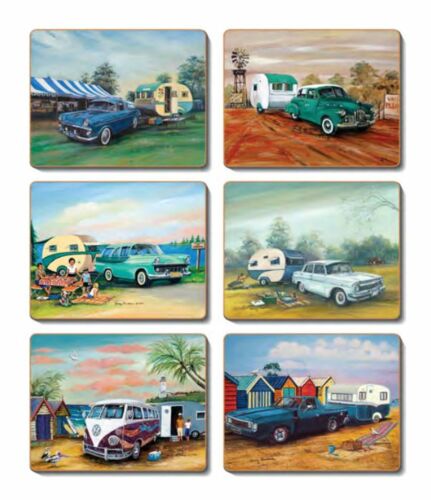 Classic Cars & Caravans Set of 6 Cork Backed Coasters Assorted Designs - Artwork By Jenny Sanders