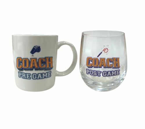 Coach Pre Game/Post Game Double Glass Set Coffee Mug & Stemless Wine Glass Gift Set In Box