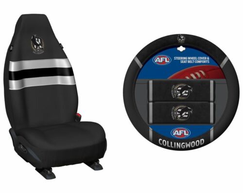 Set Of 2 Collingwood Magpies AFL Car Seat Covers & Steering Wheel 