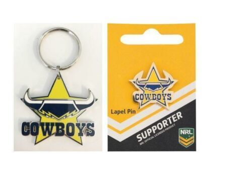 Set Of 2 North Queensland Cowboys NRL Team Logo Metal Pin Badge & Mascot Metal Keyring Key Ring