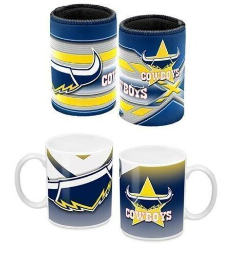 Set Of 2 North Queensland Cowboys NRL Long Stripe Can Cooler & Ceramic Coffee Mug Tea Cup