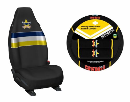 Set of 2 North Queensland Cowboys NRL Car Seat Covers & Steering Wheel Cover 