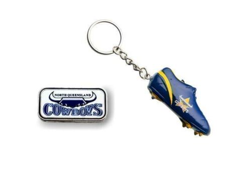 Set of 2 North Queensland Cowboys NRL Team Heritage Logo Collectable Lapel Hat Tie Pin Badge & Resin Boot Key Ring Keyring