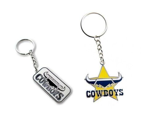 Set of 2 North Queensland Cowboys NRL Team Heritage Logo Key Ring Keyring Chain + Team Logo Key Ring Keyring