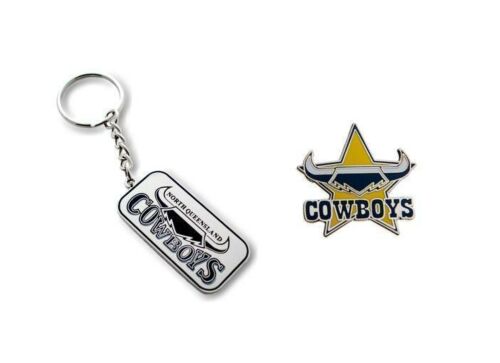 Set of 2 North Queensland Cowboys NRL Team Heritage Logo Key Ring Keyring Chain + Team Logo Pin Badge