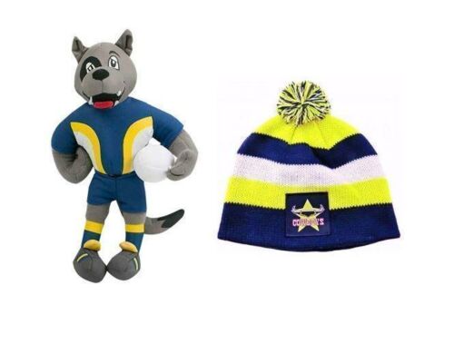 Set Of 2 North Queensland Cowboys NRL Team Mascot Plush Toy Character With Football + Stripe Baby Beanie Toddler Hat