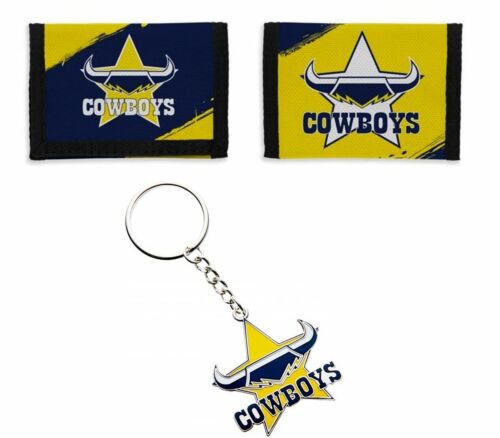 Set of 2 North Queensland Cowboys NRL Team Logo Nylon Velcro Sports Wallet & Club Logo Keyring Chain