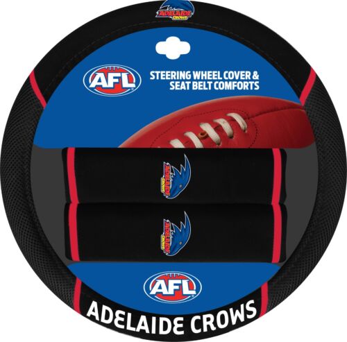 Adelaide Crows AFL Team Logo 39cm Diameter Flexible Steering Wheel & 2 Seat Belt Covers