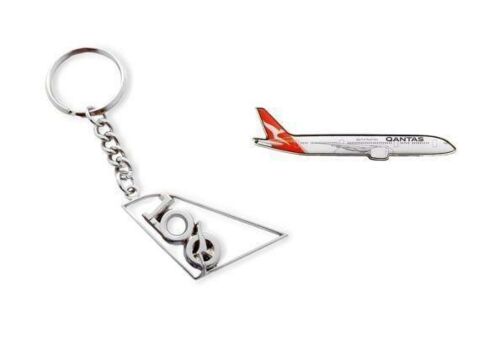 Set Of 2 Qantas Australia Silver Celebrating 100 Years Cut Out Keyring & Boeing B787 Plane Pin Aviation Airline Lapel Pin Kangaroo 