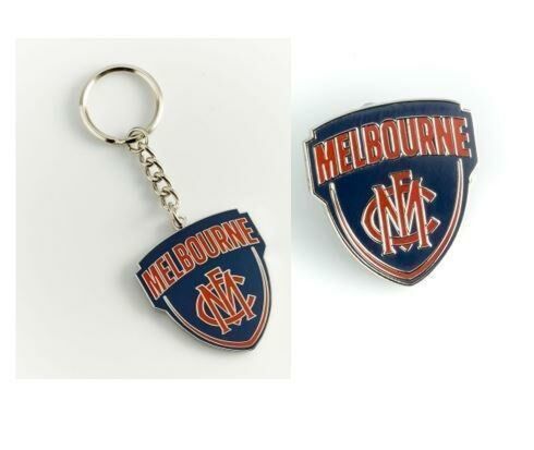 Set Of 2 Melbourne Demons AFL Team Logo Metal Pin Badge & Mascot Metal Keyring Key Ring