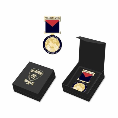 Melbourne Demons 2021 AFL Premiers Boxed Medal With Ribbon Pin Badge In Box
