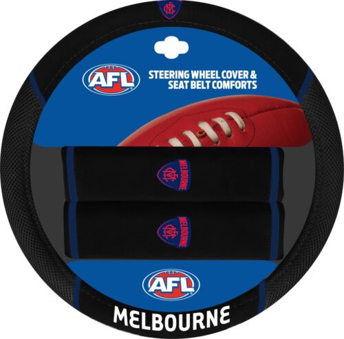 Melbourne Demons AFL Team Logo 39cm Diameter Flexible Steering Wheel & 2 Seat Belt Covers