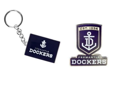 Set Of 2 Fremantle Dockers AFL Team Logo Metal Pin Badge & Mascot Metal Keyring Key Ring