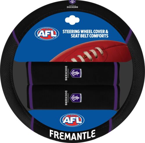 Fremantle Dockers AFL Team Logo 39cm Diameter Flexible Steering Wheel & 2 Seat Belt Covers