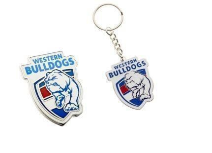 Set Of 2 Western Bulldogs AFL Team Logo Metal Pin Badge & Mascot Metal Keyring Key Ring