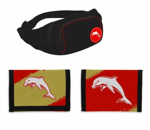 Set of 2 Dolphins NRL Team Logo Waist Bag Bumbag & Nylon Velcro Sports Wallet