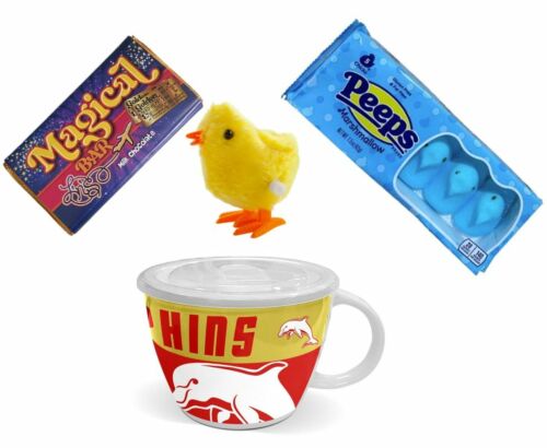 NRL EASTER PACK – Dolphins NRL Soup Mug + Peeps Marshmallow Chicks 42g Packet + Magical Bar 50g Milk Chocolate + Wind Up Hopping Chick