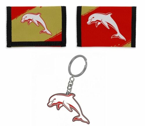 Set of 2 Dolphins NRL Team Logo Nylon Velcro Sports Wallet & Club Logo Keyring Chain