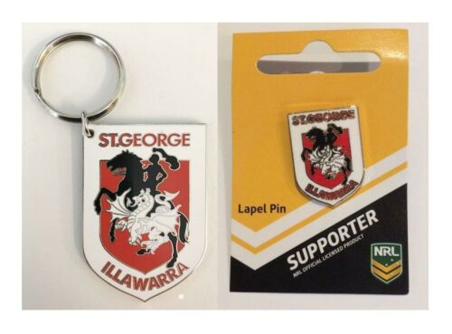 Set Of 2 St George Dragons NRL Team Logo Metal Pin Badge & Mascot Metal Keyring Key Ring