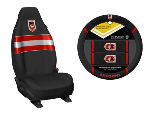 Set of 2 St George Dragons NRL Car Seat Covers & Steering Wheel Cover 