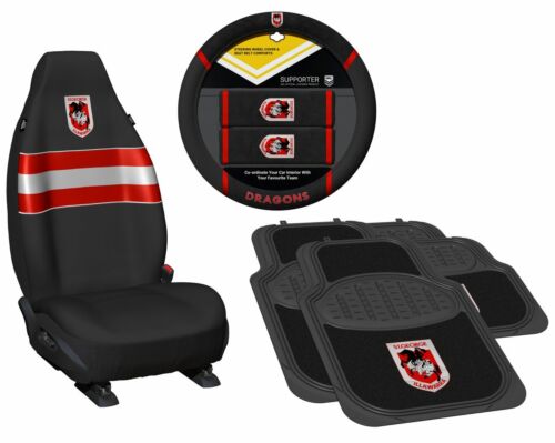 Set of 3 St George Dragons NRL Team Car Seat Covers + Steering Wheel Cover + 4 Floor Mats