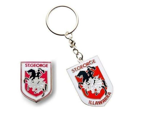 Set of 2 St George Dragons NRL Team Heritage Logo Collectable Lapel Hat Tie Pin Badge & Mascot Metal Key Ring Keyring