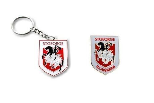 Set of 2 St George Dragons NRL Team Heritage Logo Key Ring Keyring Chain + Team Logo Pin Badge