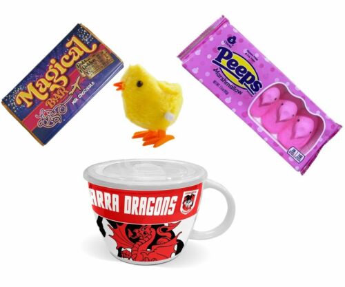 NRL EASTER PACK – St George Dragons NRL Soup Mug + Peeps Marshmallow Chicks 42g Packet + Magical Bar 50g Milk Chocolate + Wind Up Hopping Chick