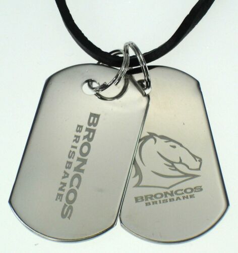 Brisbane Broncos NRL Logo Mens Double Dog Tag S/S Leather Necklace Accessories