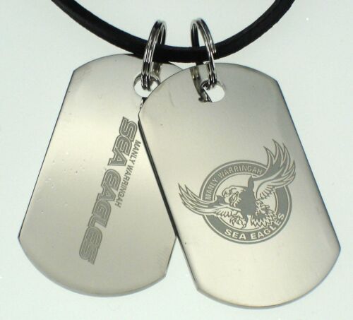 Manly Sea Eagles NRL Logo Mens Double Dog Tag S/S Leather Necklace Accessories