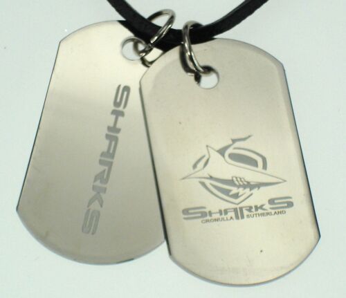 Cronulla Sharks NRL Logo Mens Double Dog Tag S/S Leather Necklace Accessories