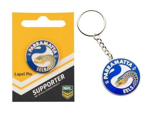 Set Of 2 Parramatta Eels NRL Team Logo Metal Pin Badge & Mascot Metal Keyring Key Ring