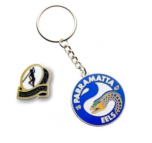 Set of 2 Parramatta Eels NRL Team Heritage Logo Collectable Lapel Hat Tie Pin Badge & Mascot Metal Key Ring Keyring