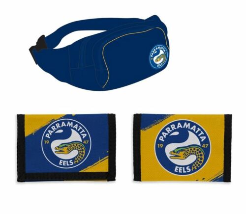 Set of 2 Parramatta Eels NRL Team Logo Waist Bag Bumbag & Nylon Velcro Sports Wallet
