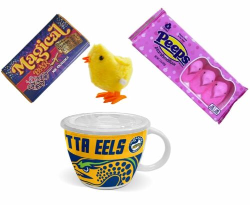 NRL EASTER PACK – Parramatta Eels NRL Soup Mug + Peeps Marshmallow Chicks 42g Packet + Magical Bar 50g Milk Chocolate + Wind Up Hopping Chick